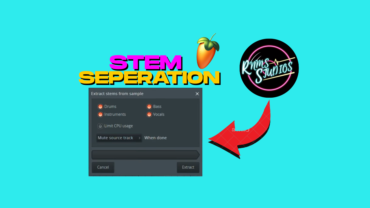 Stems in FL Studio mit geöffnetem Stem-Separation-Menü für Vocals, Drums, Bass und Instrumente