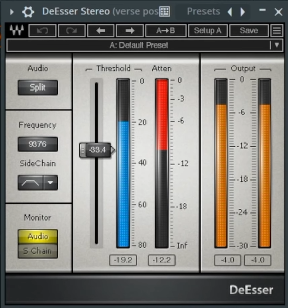 De-Esser in FL Studio mit eingestellter Frequenz und Threshold im Waves DeEsser Stereo