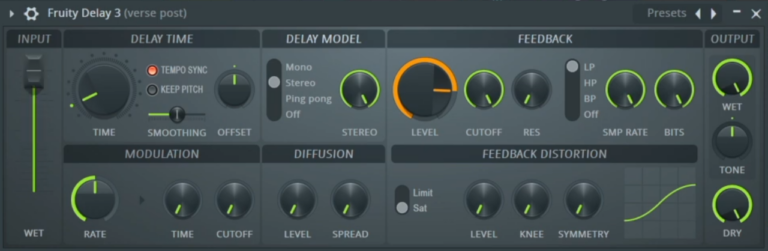 Delay in FL Studio mit den Reglern für Time, Feedback und Filter im Fruity Delay 3