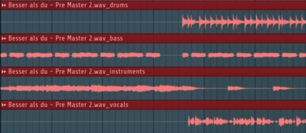 Vier getrennte Stems in FL Studio für Vocals, Drums, Bass und Instrumente