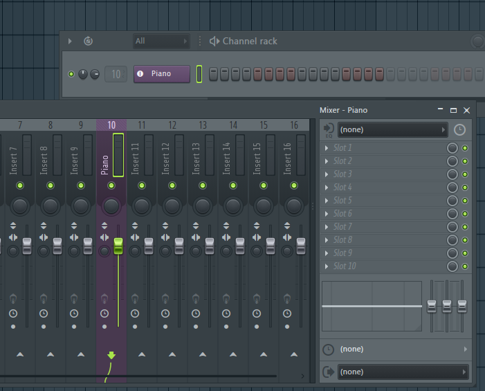 Piano im Channel Rack mit dem farblich passenden Mixer-Track verbunden