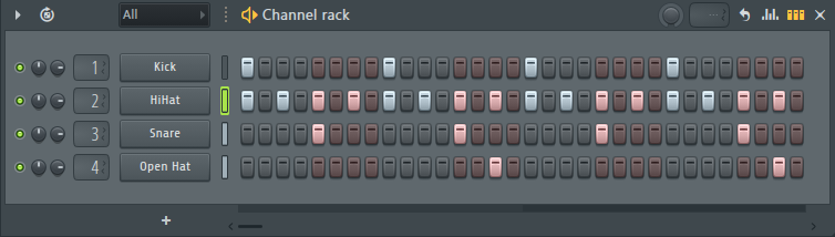 Basic Drum Pattern im Channel Rack mit Kick, Snare, Hi-Hat und Open Hi-Hat