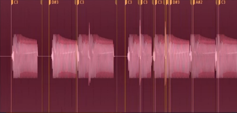 Mit Detect pitch regions erkannte Noten in der Wellenform von Edison
