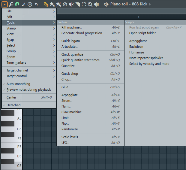 Tools-Menü der Piano Roll mit verschiedenen Shortcuts in FL Studio